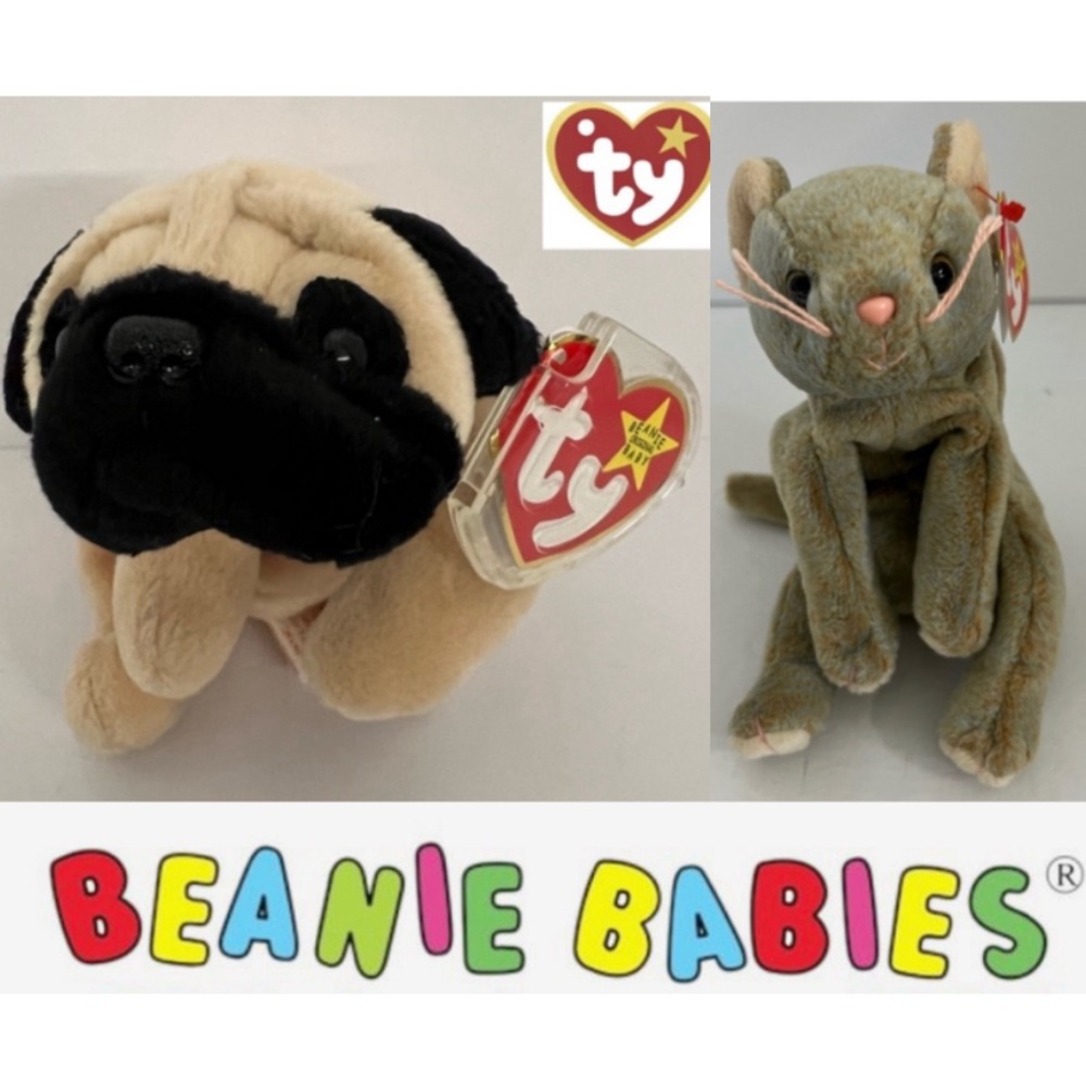 Ty Beanie Babies Pug and Mouse Stuffed Animals - Black, Cream, Gray